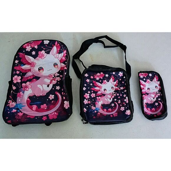Axolotl Backpack 3-Piece Set – Cute Kawaii School Backpack Bundle - Picture 2 of 9